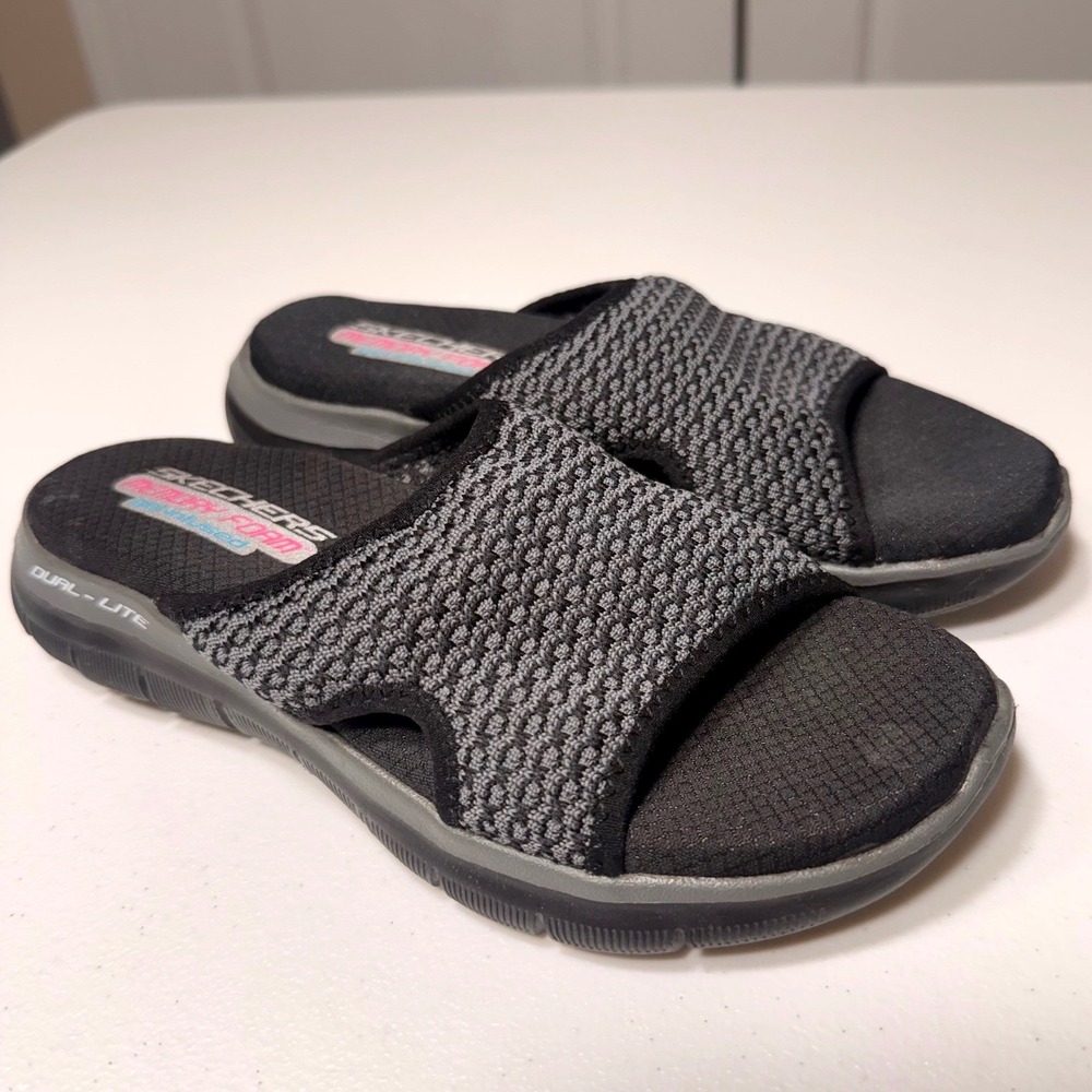 Skechers Dual-Lite Memory Foam Slides Black Grey Knit Comfort Sandals Size 5
